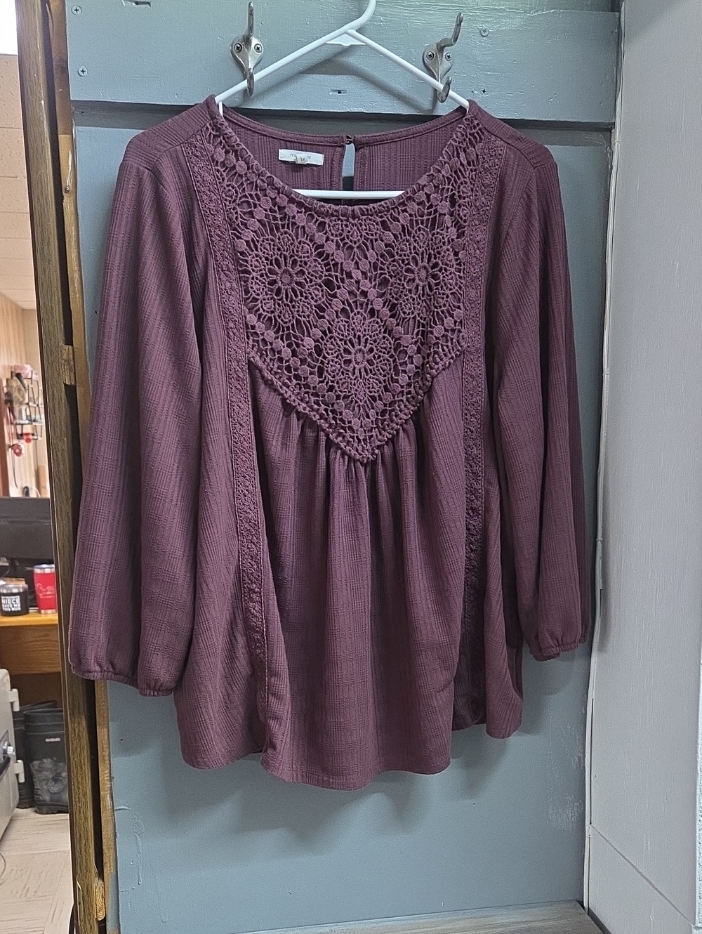 Maurices Plum Crochet Yoke Peasant Top